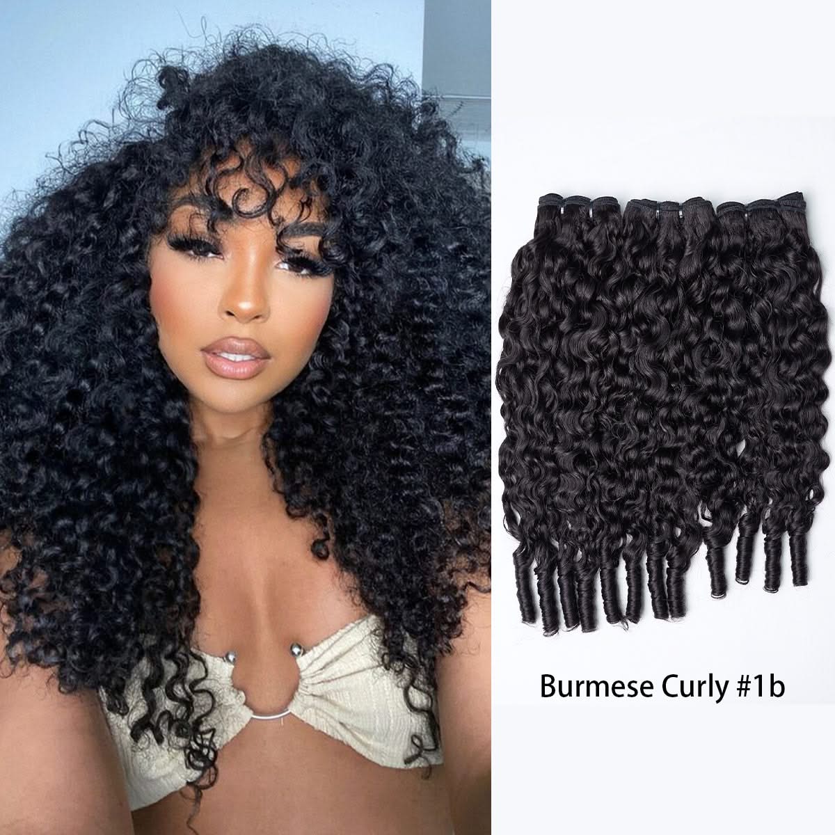 Natural black Burmese curly human hair bundles, 14-26 inch length, showcasing soft, bouncy curls and a smooth texture.