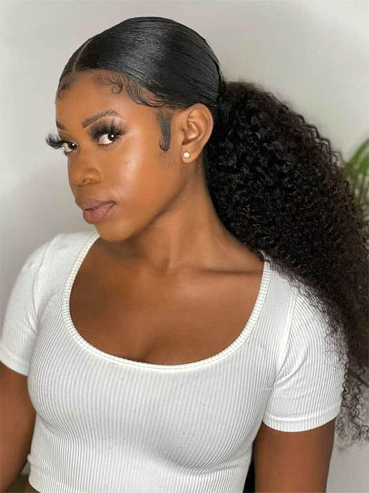 Kinky curly glueless 3-in-1 half wig with drawstring band and invisible hairline by onimehair, styled for natural volume and versatility.