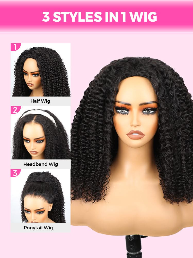 Onimehair™ 3 In 1 Half Wig Layered Curly Bob Pre-Styled onimehair Curly Half Wig Draw-strings Flip Over Wig - Onime Hair