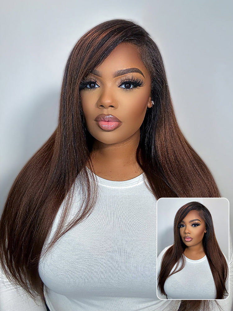 Onimehair™ 3 In 1 Half Wig Black to Chestnut Brown Ombre Yaki Straight Glueless Install Half Wig Beginner Friendly
