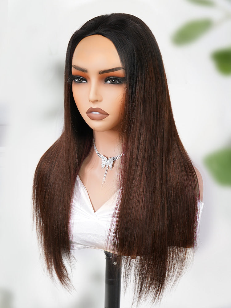Onimehair™ 3 In 1 Half Wig Black to Chestnut Brown Ombre Yaki Straight Glueless Install Half Wig Beginner Friendly