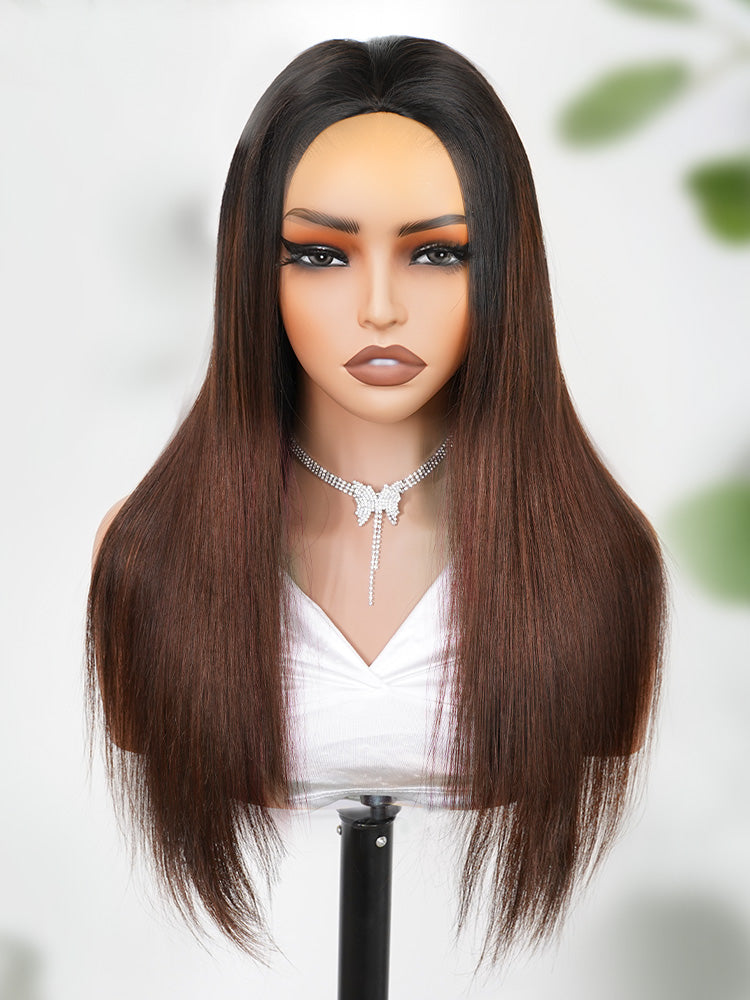 Onimehair™ 3 In 1 Half Wig Black to Chestnut Brown Ombre Yaki Straight Glueless Install Half Wig Beginner Friendly