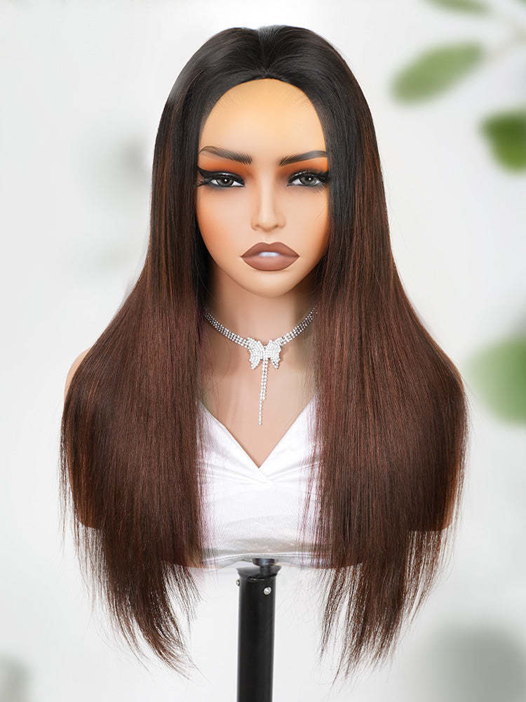 Onimehair™ 3 In 1 Half Wig Black to Chestnut Brown Ombre Yaki Straight Glueless Install Half Wig Beginner Friendly