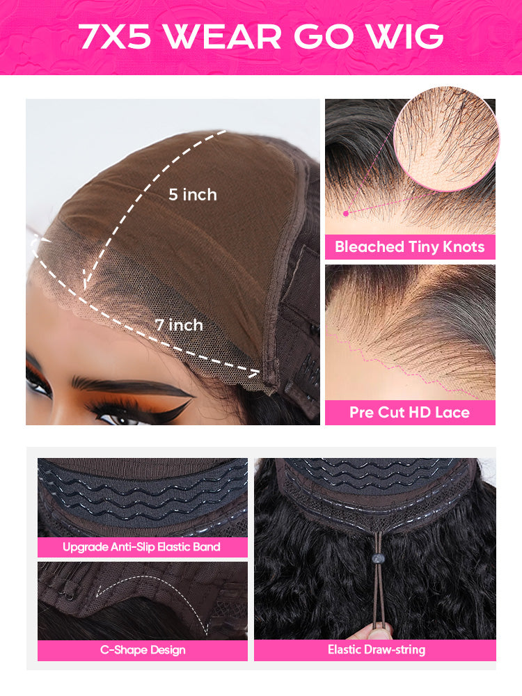 Onimehair™ Pre-bleached Wear Go Glueless Wig 7x5 Pre-cut HD Lace Burmese Curly Human Hair