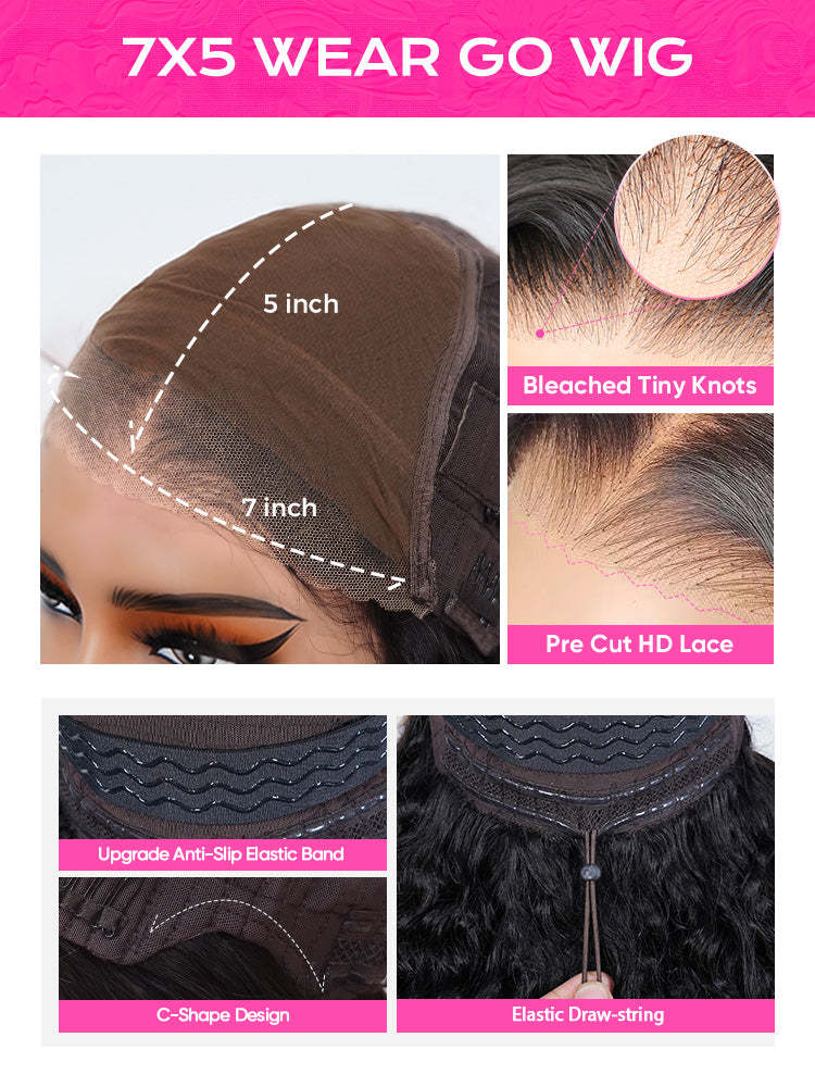 Onimehair™ Pre-bleached Wear Go Glueless Wig 7x5 Pre-cut HD Lace Burmese Curly Human Hair