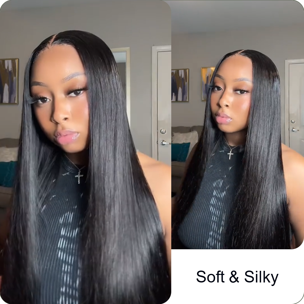 Natural black #1B sleek straight human hair bundles, 12–36 inches, displayed elegantly in a neat arrangement.