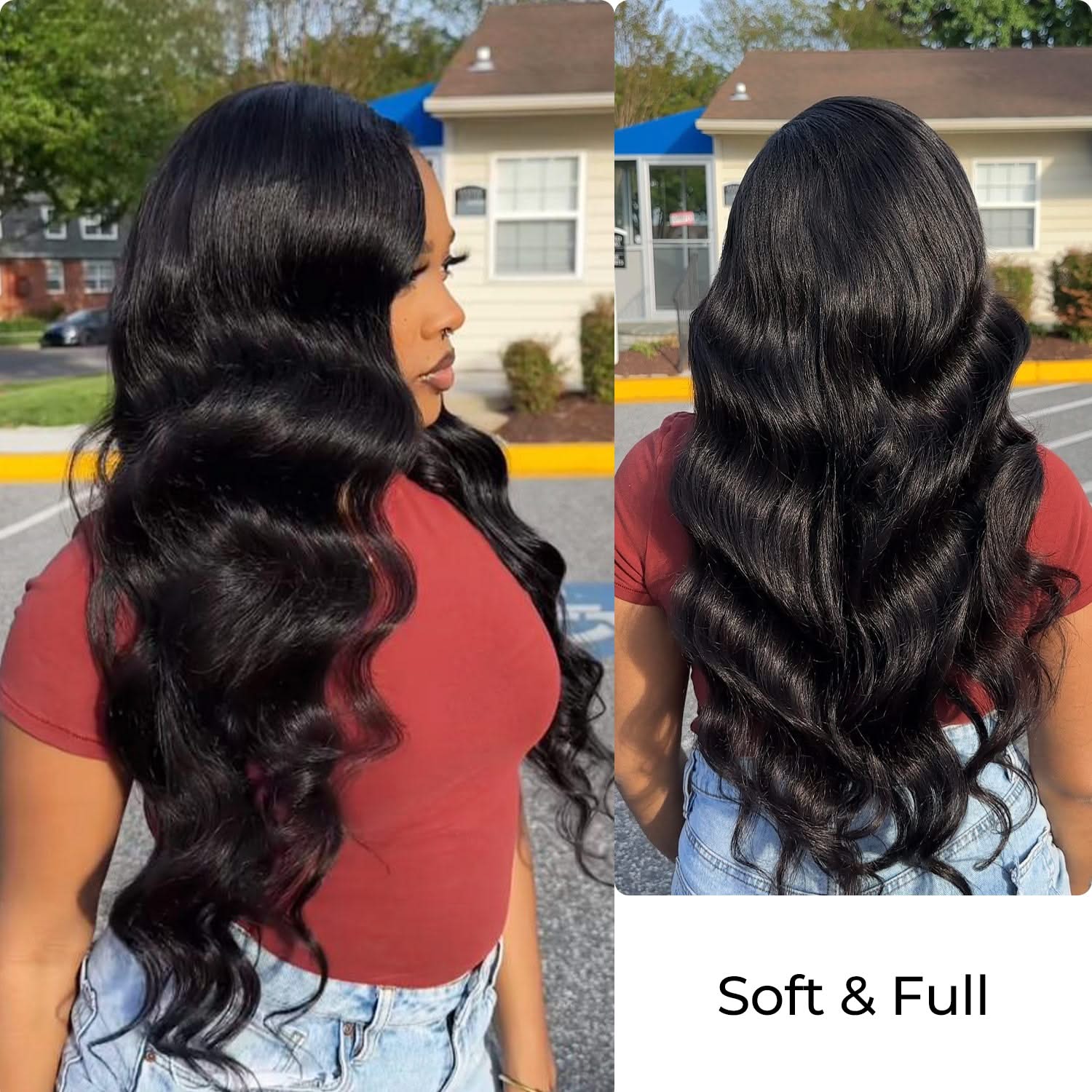Natural black body wave hair bundles, 12-36 inches, showcasing soft texture and effortless waves.