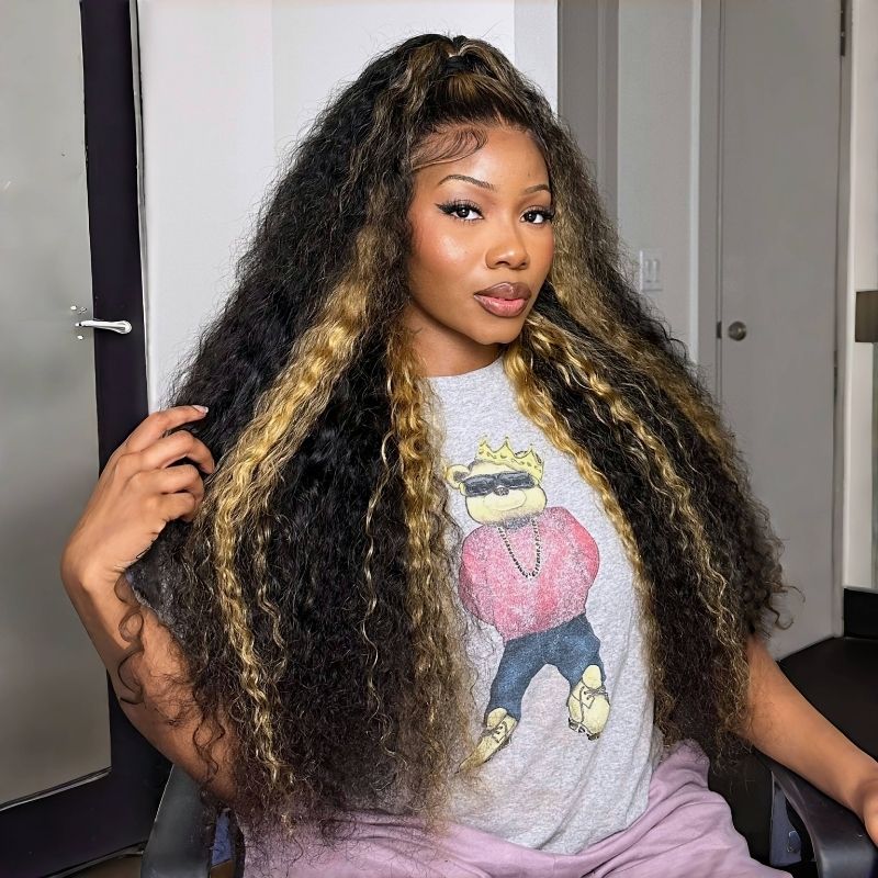 Onimehair™300% Density Pre Everything Glueless Blonde Highlights On Luxurious Deep Curly Wave Wig Clear Transparent Lace Wig