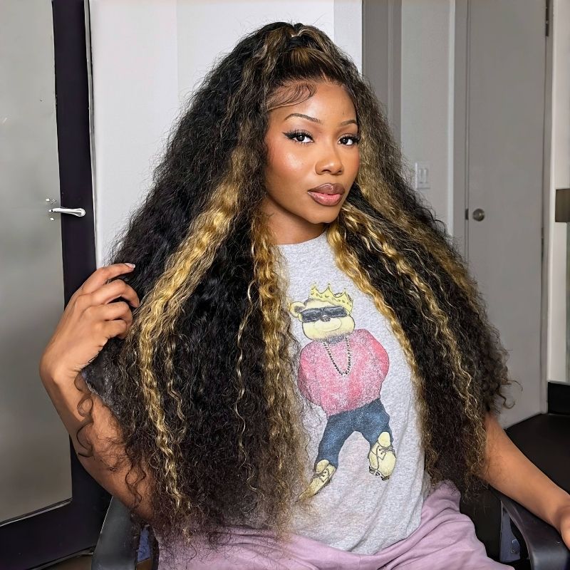 Onimehair™300% Density Pre Everything Glueless Blonde Highlights On Luxurious Deep Curly Wave Wig Clear Transparent Lace Wig