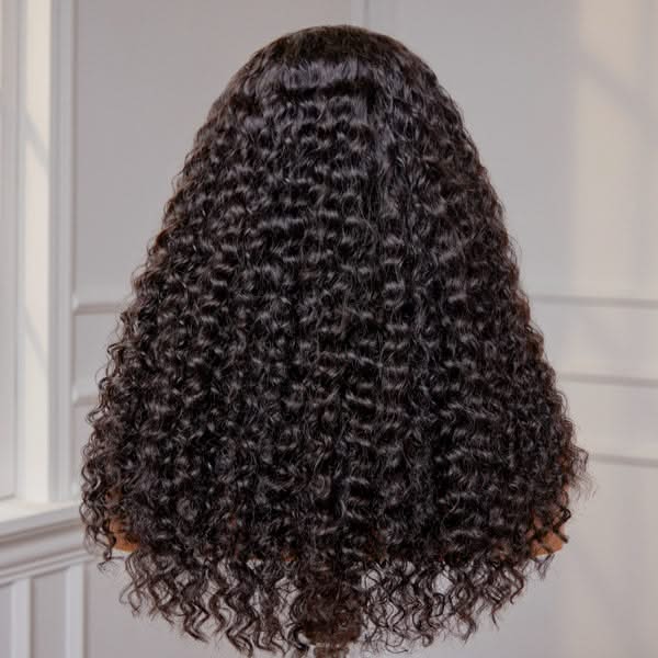 Deep wave 5x5 closure wig with HD lace, glueless, long, human hair, featuring a natural mid-part style from Onime Hair.