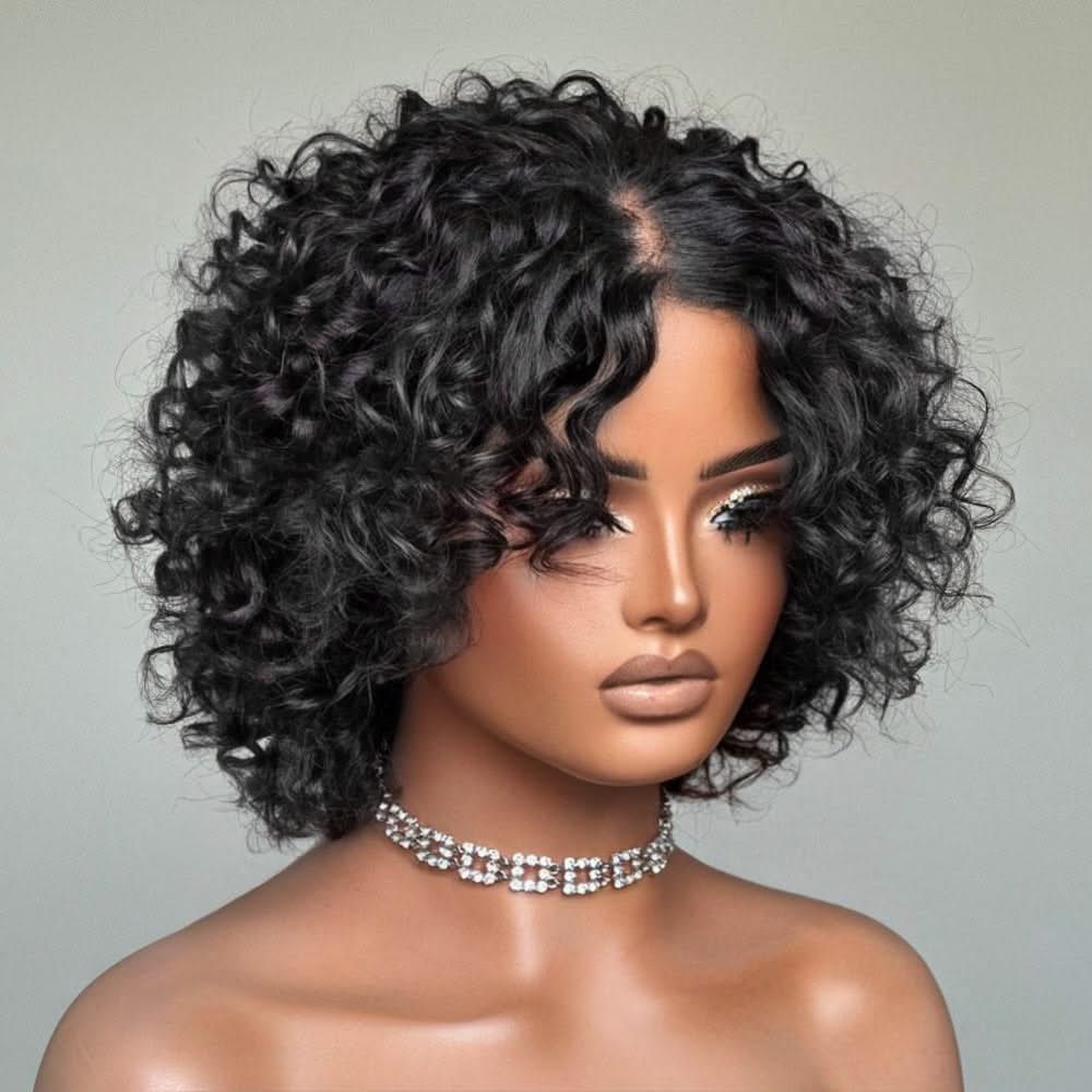 MySite Retro Curly 6x5 glueless lace human hair wig with bangs in a natural color, featuring 13x4 and 13x6 lace cap details.
