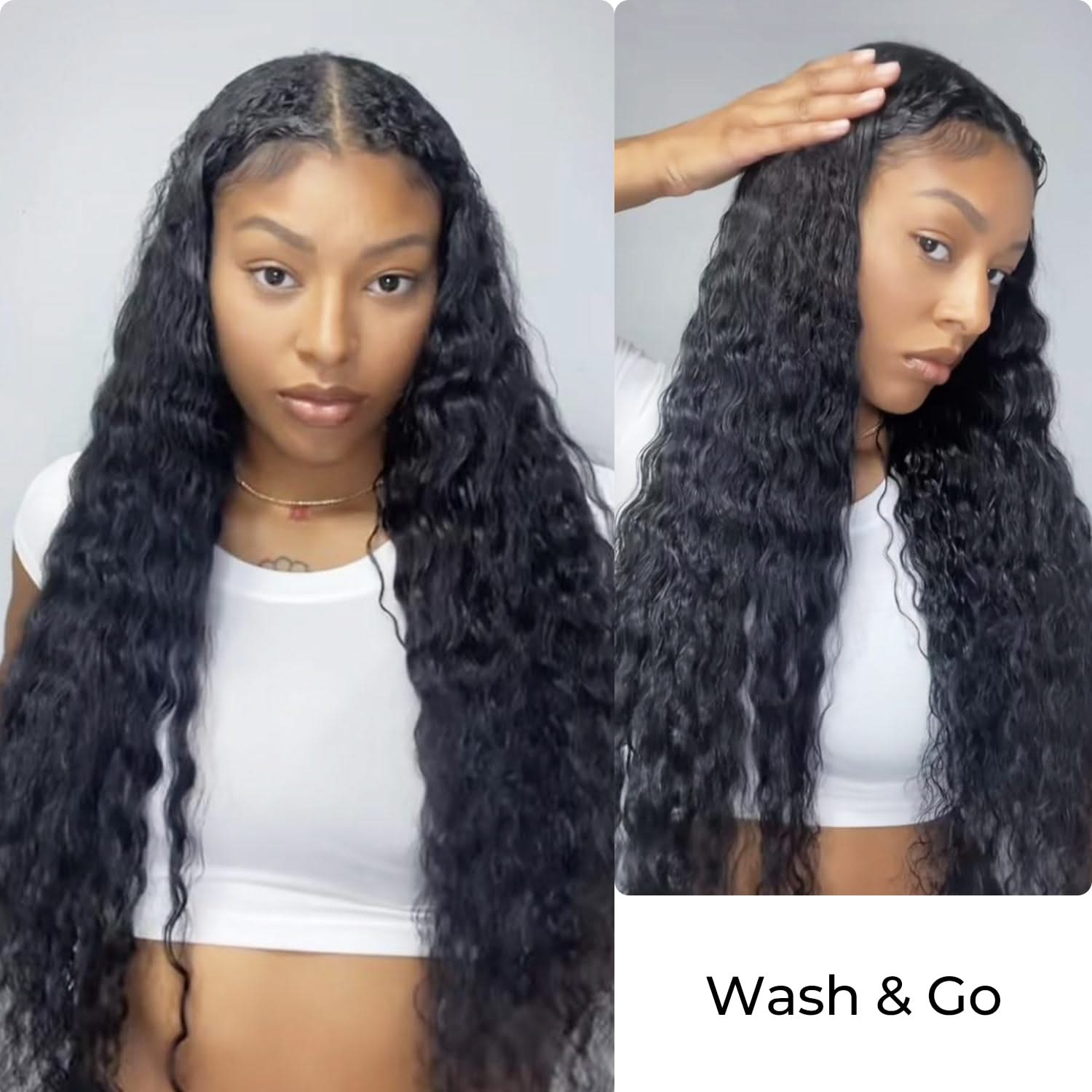 Deep wavy human hair bundles in #1B natural black, showcasing volume and a natural look, available in 14–26 inches.