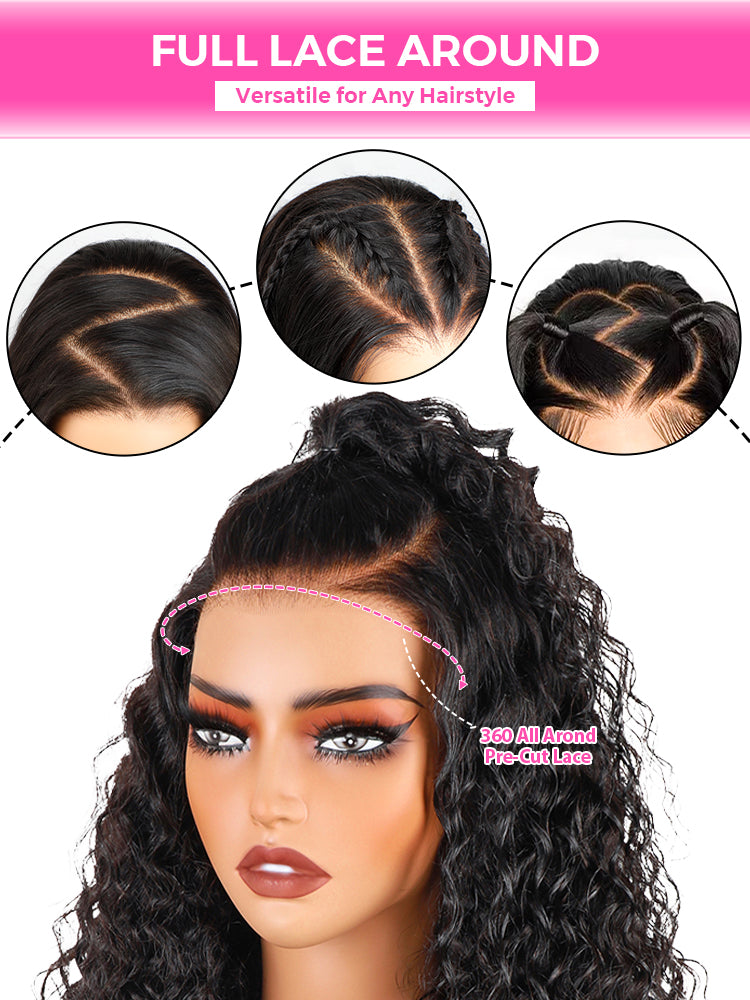 Onimehair™ 360 Lace Fit Wear Go Pre-Bleached Water Wave Human Hair Glueless Wig Pre-Plucked