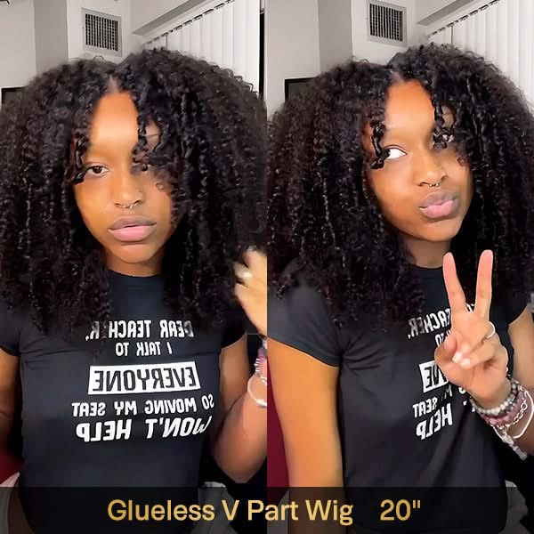 Glueless Wigs V Part Afro Curly Wig No Leave Out Thin Part Human Hair Wig With Drawstring Beginner Friendly - Onime Hair