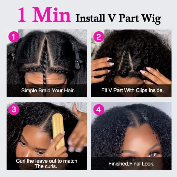 Glueless Wigs V Part Afro Curly Wig No Leave Out Thin Part Human Hair Wig With Drawstring Beginner Friendly - Onime Hair