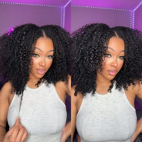 Glueless Wigs V Part Afro Curly Wig No Leave Out Thin Part Human Hair Wig With Drawstring Beginner Friendly - Onime Hair