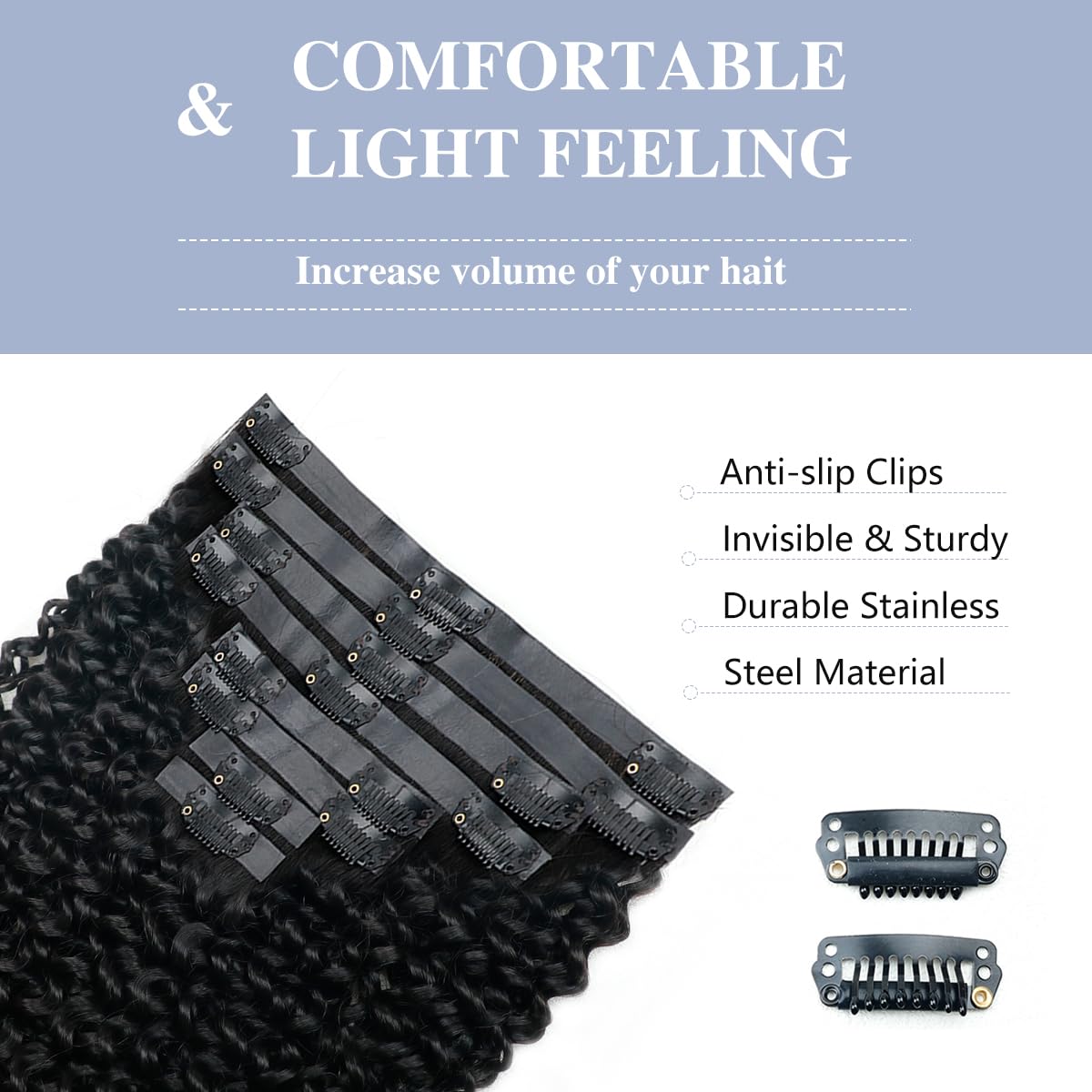 Onimehair™Curly Clip in Hair Extensions for Black Women Brazilian Virgin Human Hair Clip in Extensions 7Pcs Kinky Curly Clip ins Human Hair with 17Clips Double Lace Weft 120g 20nch Natural Black