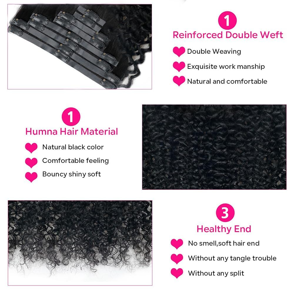 Onimehair™Curly Clip in Hair Extensions for Black Women Brazilian Virgin Human Hair Clip in Extensions 7Pcs Kinky Curly Clip ins Human Hair with 17Clips Double Lace Weft 120g 20nch Natural Black