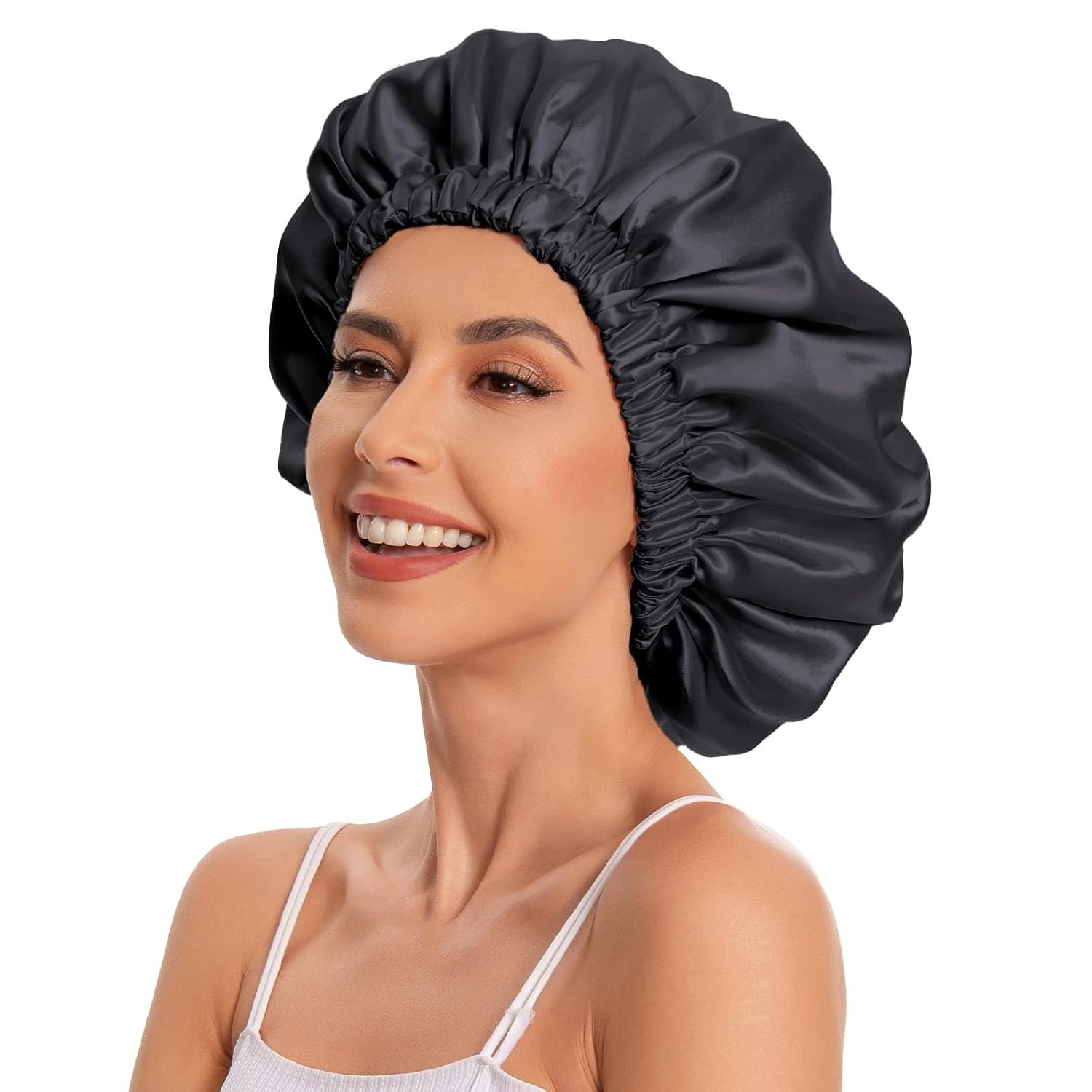 Satin Bonnet Silk Bonnet Hair Bonnet for Sleeping-Slouchy Beanie Hat Satin Sleep Cap for Women's Natural & Curly Hair(Black&Gray)