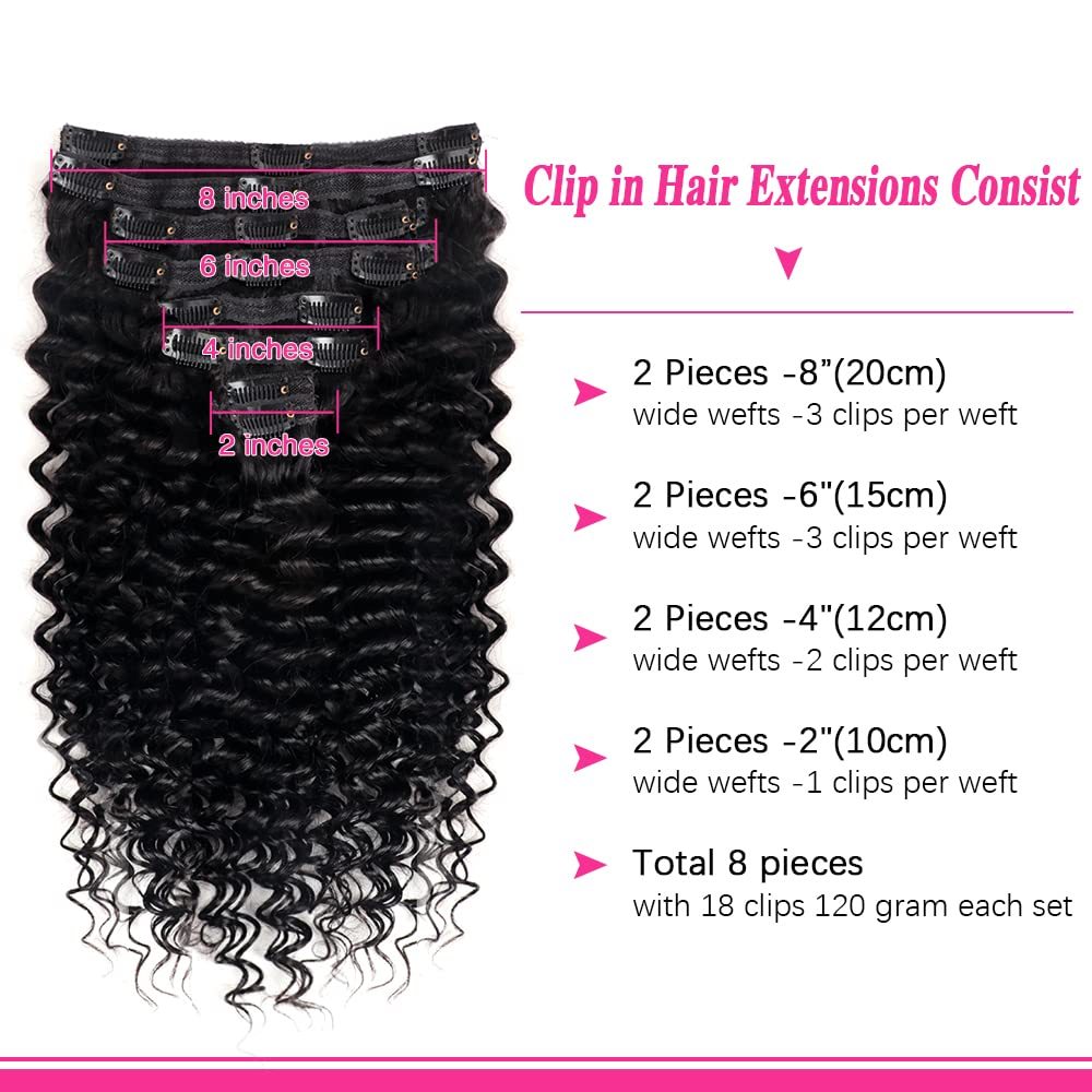 Onimehair™Curly Clip in Hair Extensions for Black Women Brazilian Virgin Human Hair Clip in Extensions 7Pcs Kinky Curly Clip ins Human Hair with 17Clips Double Lace Weft 120g 20nch Natural Black