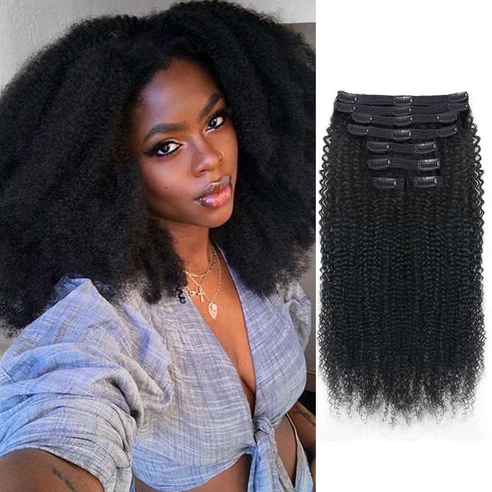 Onimehair™Extension Full Head For Black Women Burmese Curly Clip in Hair Extensions Real Human Hair Messy Curly Clip Ins for Women Brazilian Remy Human Hair Natural Black 12Inch
