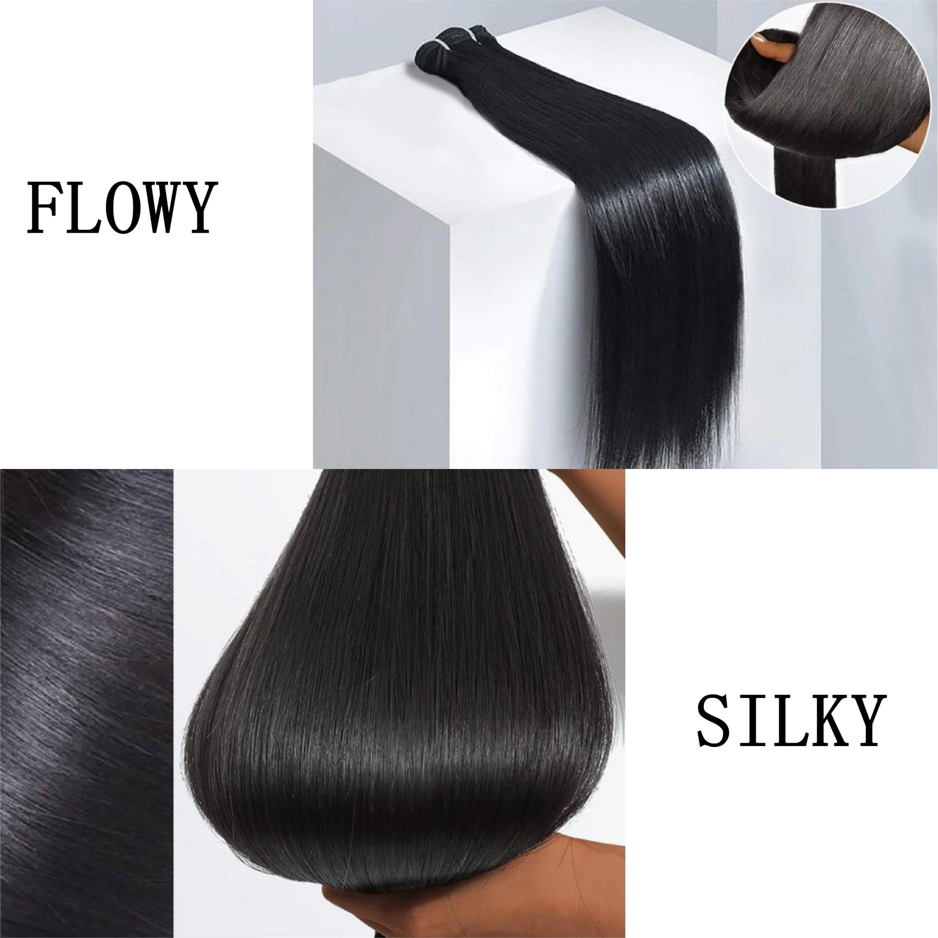 Natural black straight hair bundles, 12–36 inches, showcasing sleek texture and full volume, perfect for versatile styling.