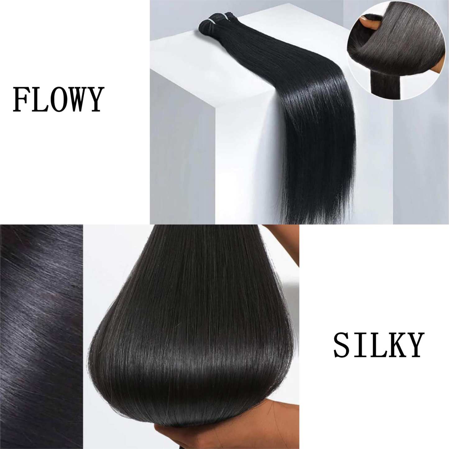 Natural black straight hair bundles, 12–36 inches, showcasing sleek texture and full volume, perfect for versatile styling.
