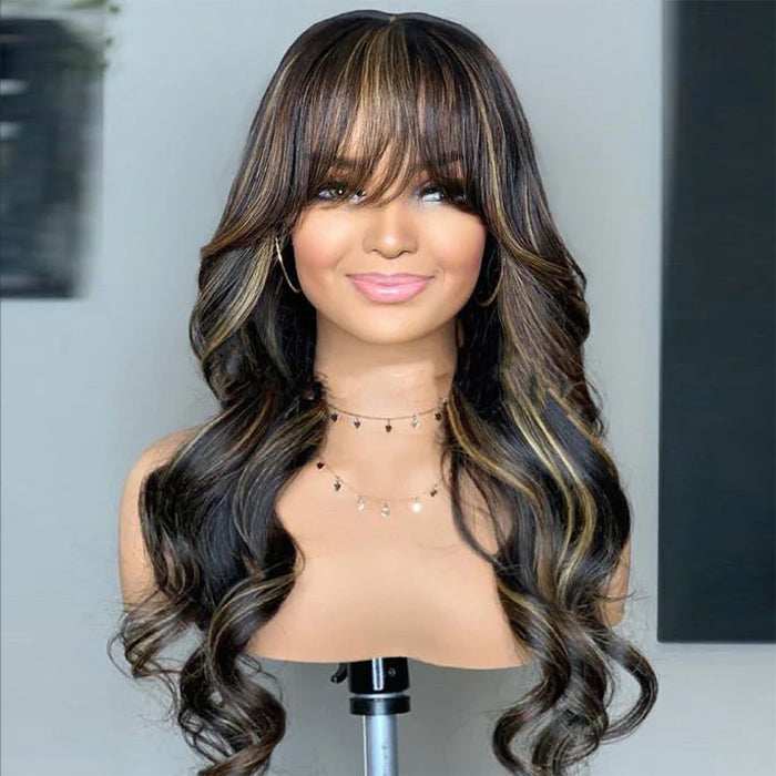 Highlights Body Wave Wig with Bangs by onimehair, glueless and easy to wear, featuring natural waves and a stylish bang design.