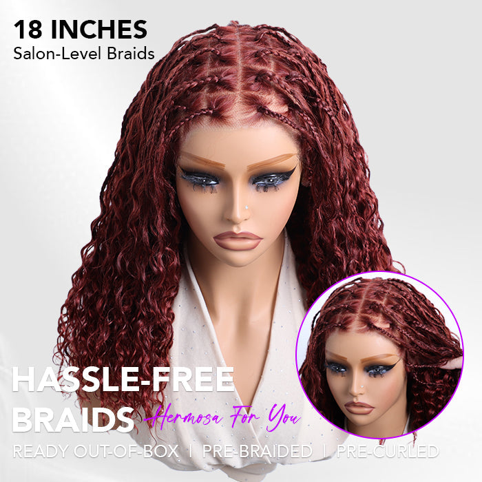 Reddish-brown knotless boho braided wig by onimehair with glueless 13x4 HD lace, featuring intricate braided curls.