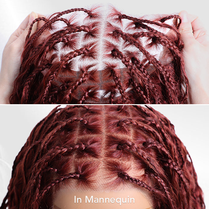 Reddish-brown knotless boho braided wig with curls, onimehair glueless 13x4 HD lace human hair wig displayed on a mannequin.