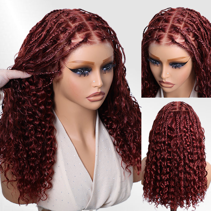 Redditish-brown onimehair knotless boho braided wig with curls, glueless 13x4 HD lace human hair, styled in intricate braids.