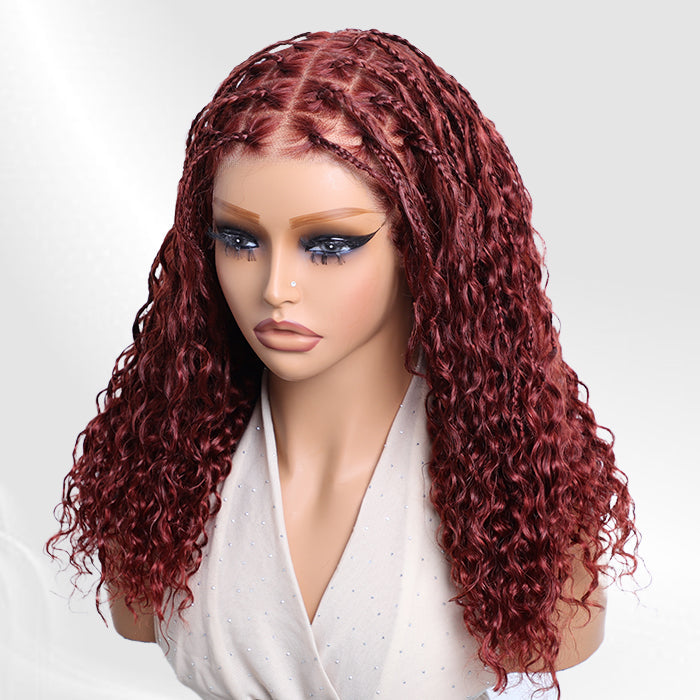 Reddish-brown knotless boho braided wig with curly style and HD lace, glueless pre-cut design by onimehair.