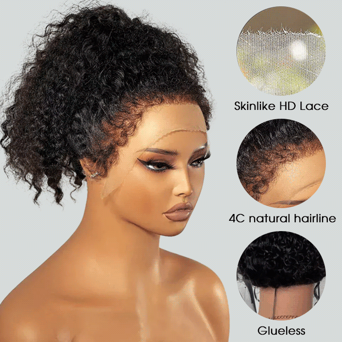 Onime Hair 4C Edges Curly Wig with natural hairline, glueless design, human hair, 220% density, and adjustable strap cap.