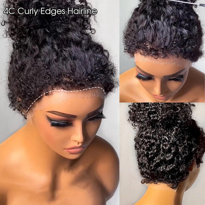Onime Hair 4C Edges curly wig with natural hairline, glueless design, human hair, 220% density, and hidden strap cap.