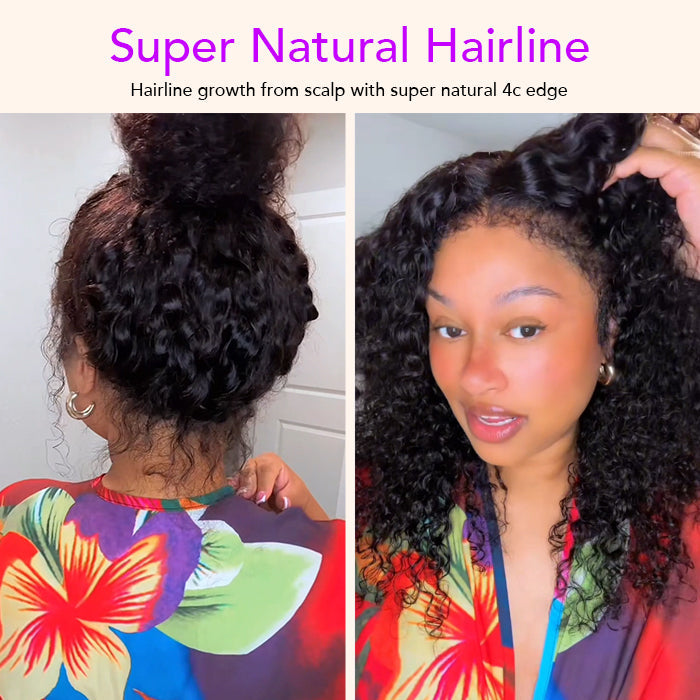 Onime Hair 4C Edges curly lace wig with natural hairline, human hair, 220% density, glueless, curly style, and realistic finish.