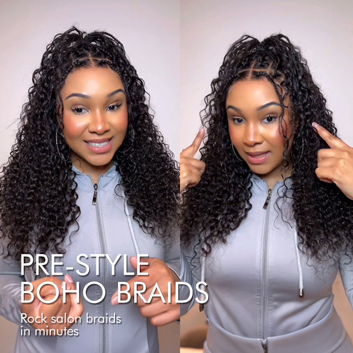 Onimehair knotless boho braided wig with curly style, glueless 13x4 HD lace human hair, natural braided design.