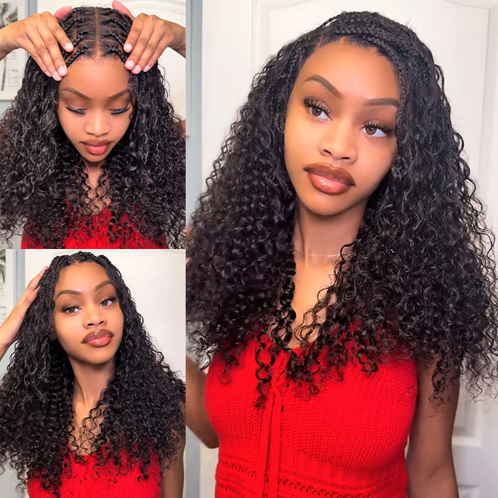 Onimehair knotless boho braided wig with curly style, glueless 13x4 HD lace human hair, featuring natural braids and lace front.