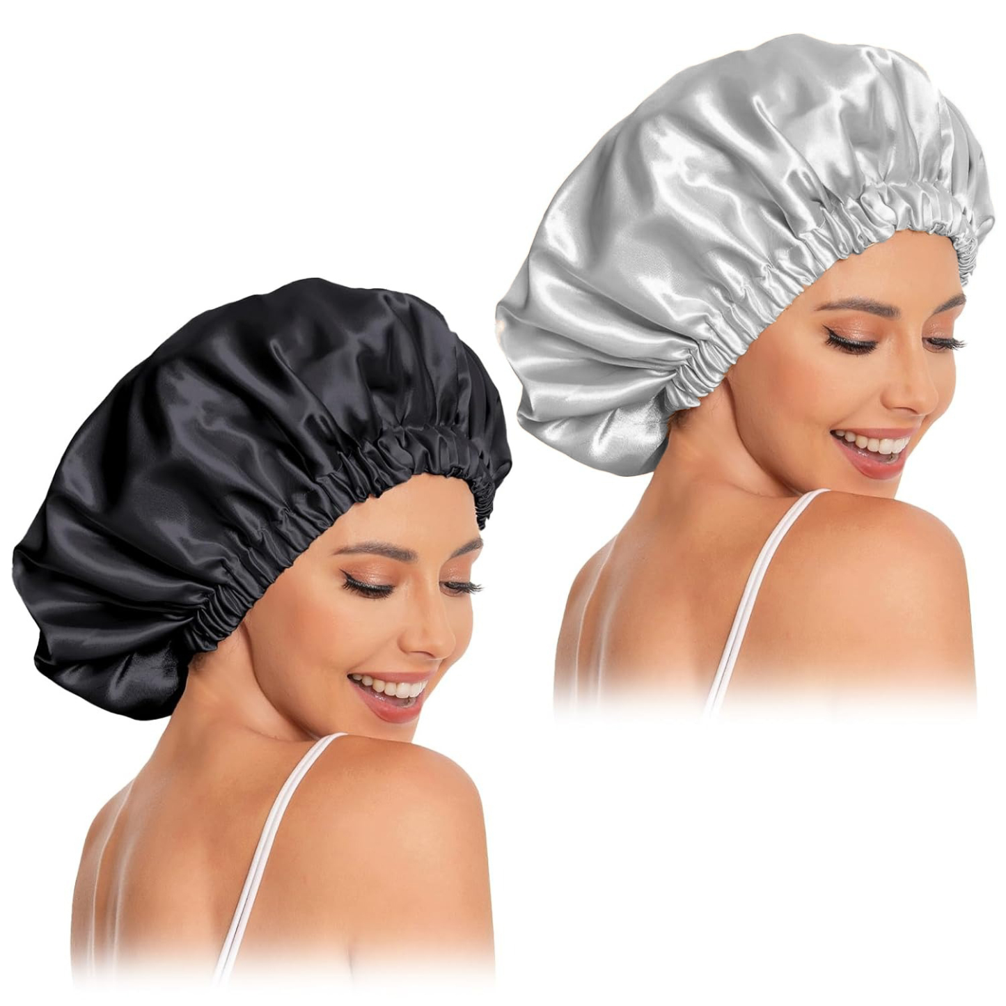 Satin Bonnet Silk Bonnet Hair Bonnet for Sleeping-Slouchy Beanie Hat Satin Sleep Cap for Women's Natural & Curly Hair(Black&Gray)
