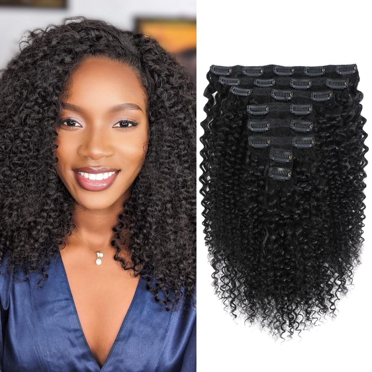 Onimehair™Kinky Curly Clip ins Human Hair 3C 4A Curly Clip in Hair Extensions for Black Women 8Pcs with 20Clips 120g/set 10A Brazilian Human Hair Natural Black 16 Inch