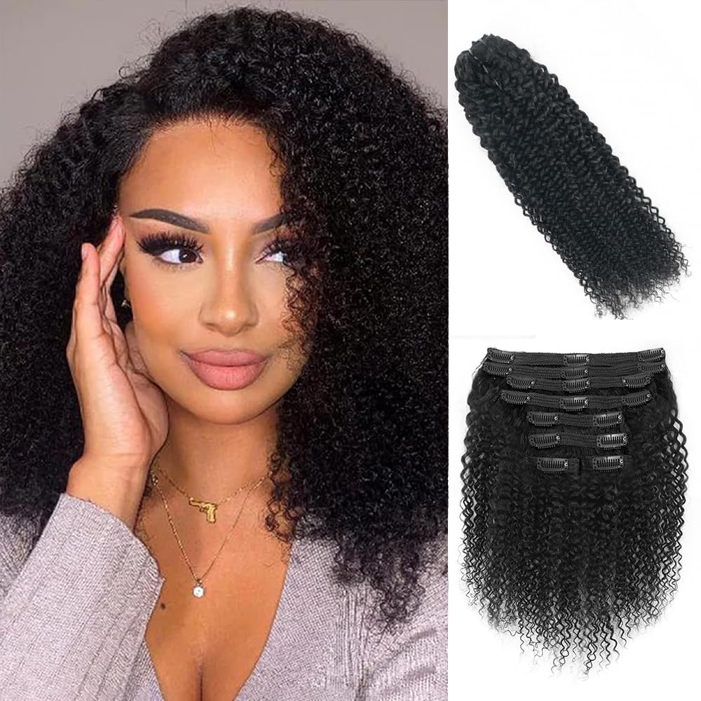Onimehair™Extension Full Head For Black Women Burmese Curly Clip in Hair Extensions Real Human Hair Messy Curly Clip Ins for Women Brazilian Remy Human Hair Natural Black 12Inch