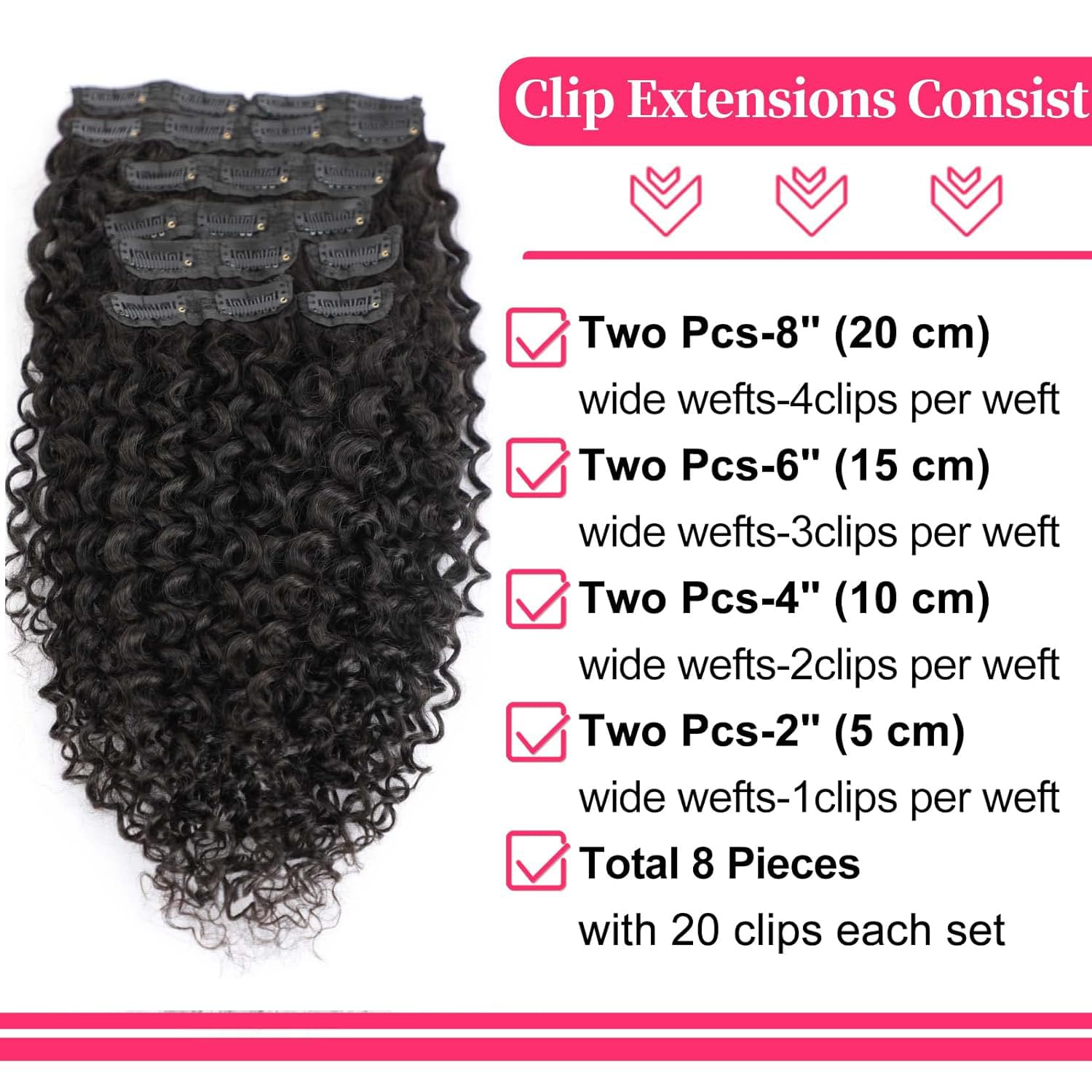 Onimehair™16 Inch Kinky Curly Clip ins Human Hair 110g 8pcs 20 Clips 3C 4A Curly Clip In Hair Extensions Real Human Hair Brazilian Virgin Hair Full Head for Women Natural Black