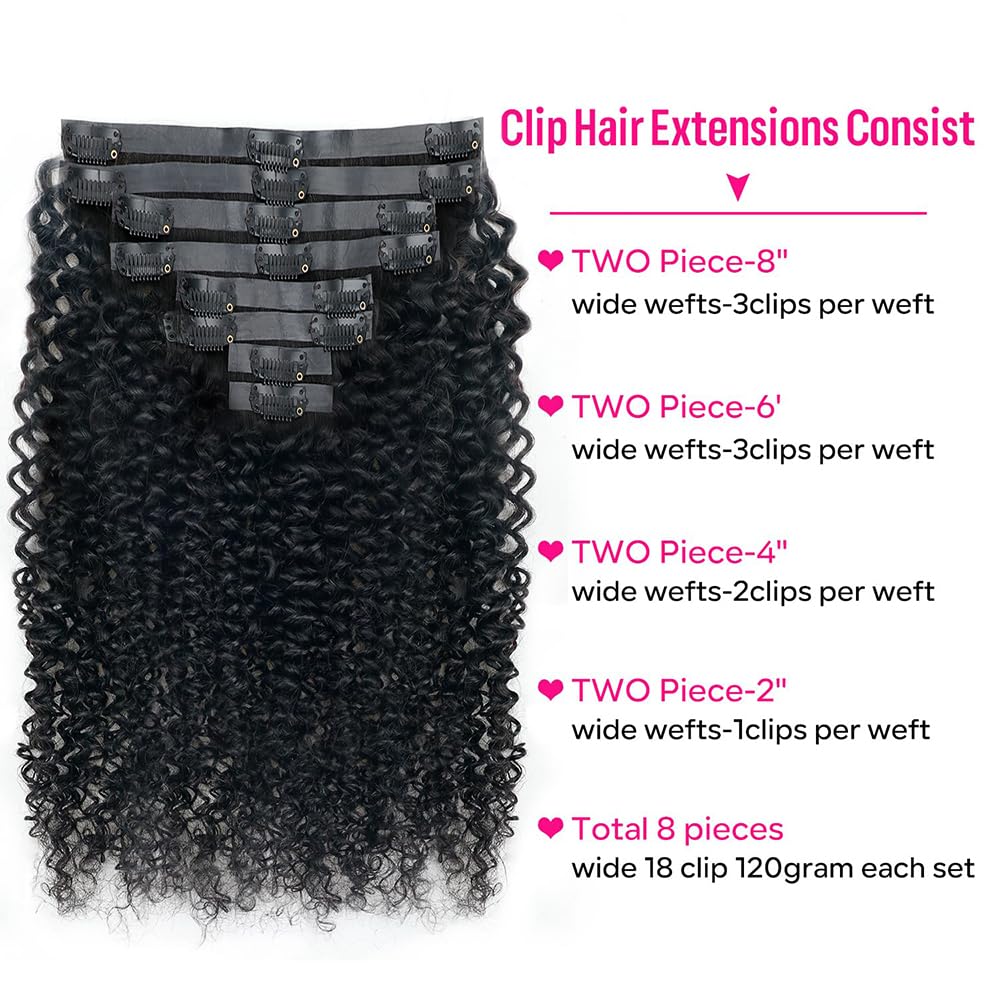 Onimehair™Curly Clip in Hair Extensions for Black Women Brazilian Virgin Human Hair Clip in Extensions 7Pcs Kinky Curly Clip ins Human Hair with 17Clips Double Lace Weft 120g 20nch Natural Black