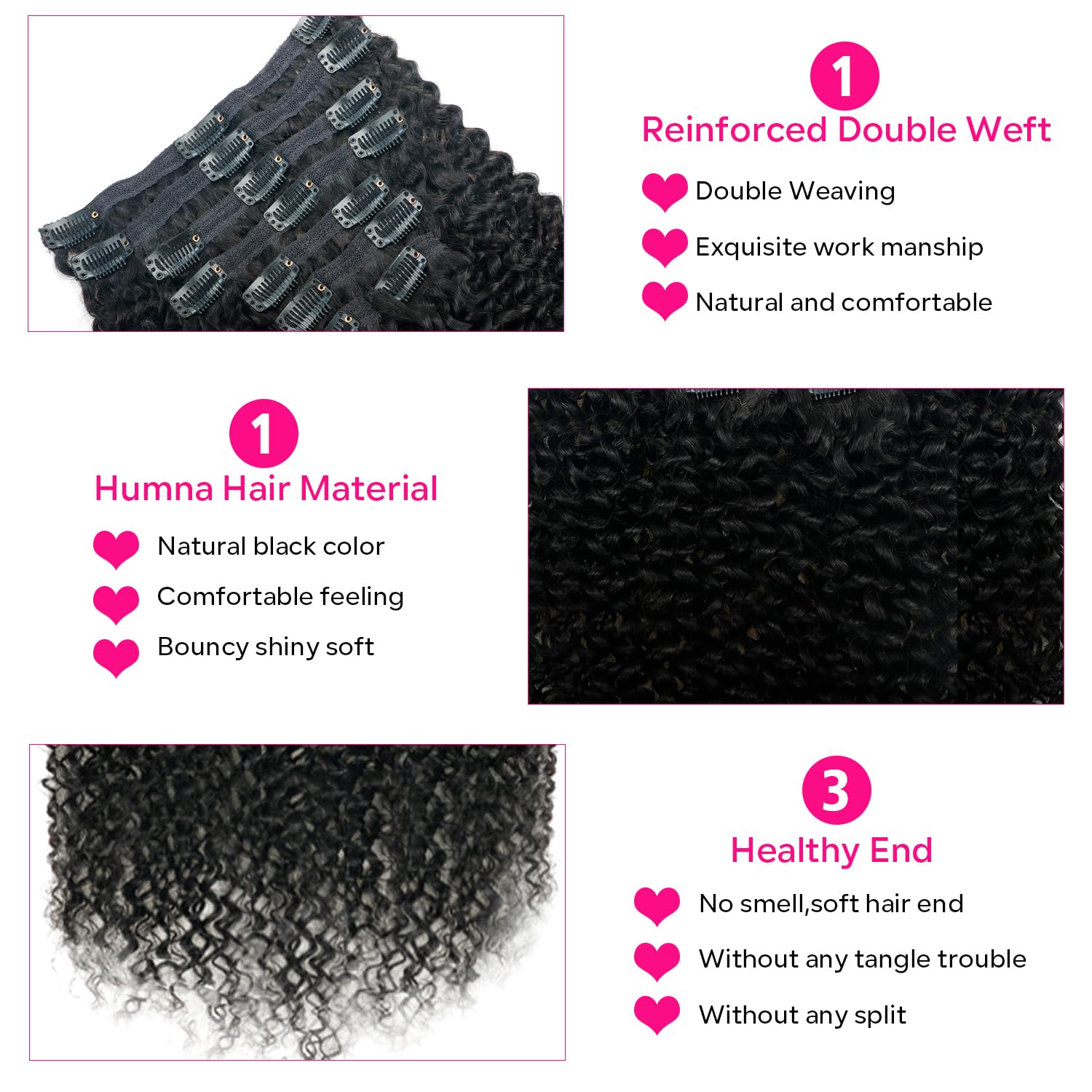 Onimehair™Curly Clip in Hair Extensions for Black Women Brazilian Virgin Human Hair Clip in Extensions 7Pcs Kinky Curly Clip ins Human Hair with 17Clips Double Lace Weft 120g 20nch Natural Black