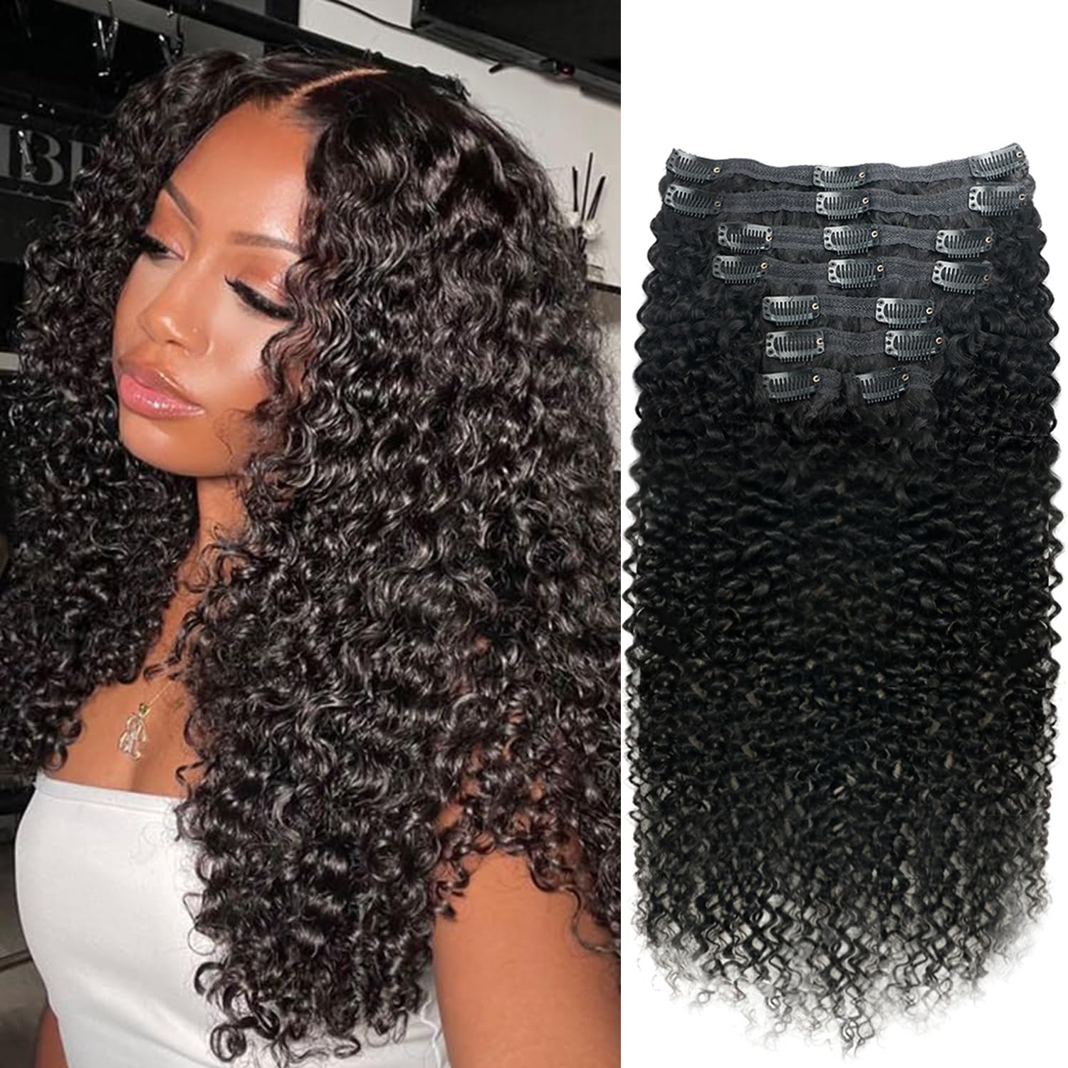 Onimehair™Curly Clip in Hair Extensions for Black Women Brazilian Virgin Human Hair Clip in Extensions 7Pcs Kinky Curly Clip ins Human Hair with 17Clips Double Lace Weft 120g 20nch Natural Black
