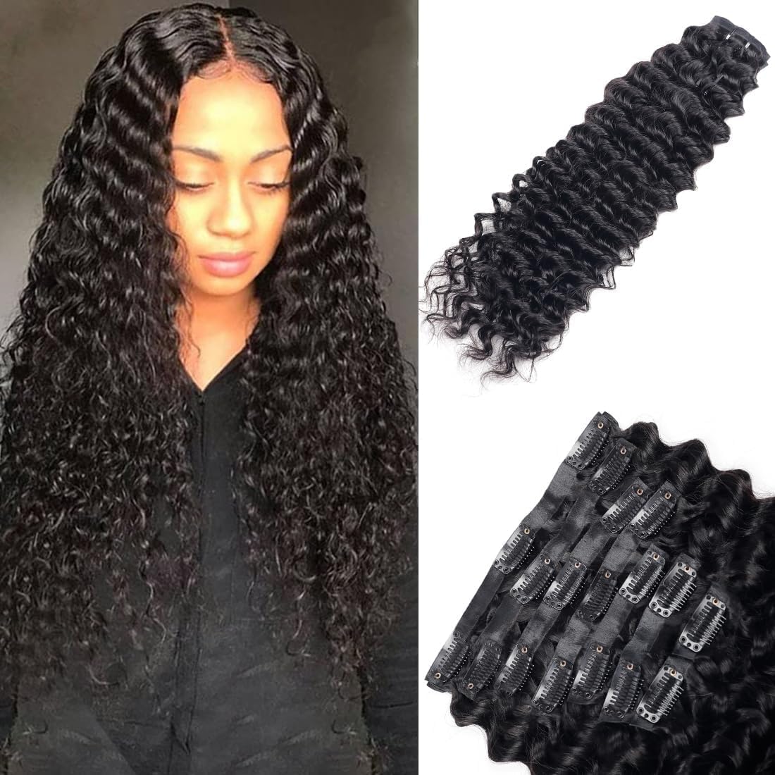 Onimehair™Curly Clip in Hair Extensions for Black Women Brazilian Virgin Human Hair Clip in Extensions 7Pcs Kinky Curly Clip ins Human Hair with 17Clips Double Lace Weft 120g 20nch Natural Black