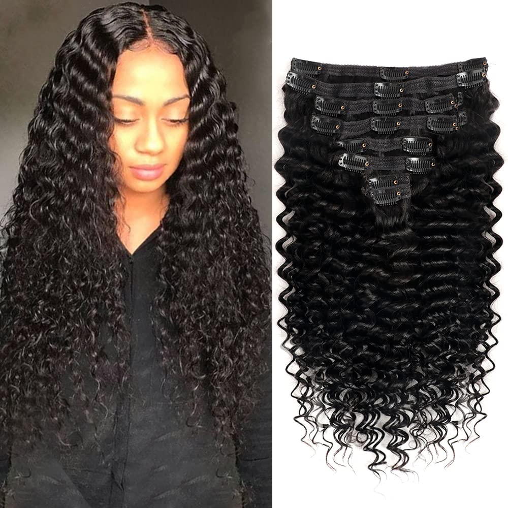 Onimehair™Curly Clip in Hair Extensions for Black Women Brazilian Virgin Human Hair Clip in Extensions 7Pcs Kinky Curly Clip ins Human Hair with 17Clips Double Lace Weft 120g 20nch Natural Black