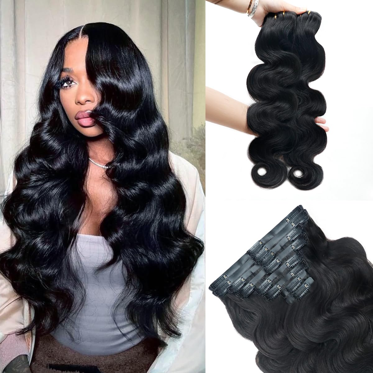 Onimehair™Curly Clip in Hair Extensions for Black Women Brazilian Virgin Human Hair Clip in Extensions 7Pcs Kinky Curly Clip ins Human Hair with 17Clips Double Lace Weft 120g 20nch Natural Black