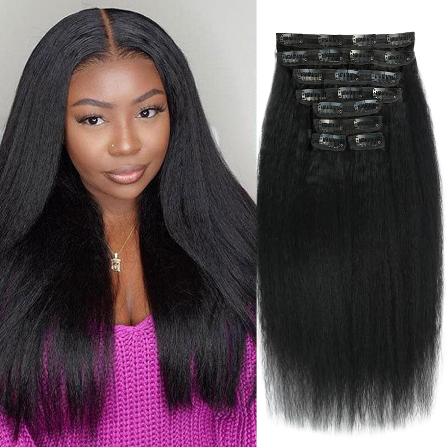 Onimehair™16 Inch Kinky Curly Clip ins Human Hair 110g 8pcs 20 Clips 3C 4A Curly Clip In Hair Extensions Real Human Hair Brazilian Virgin Hair Full Head for Women Natural Black