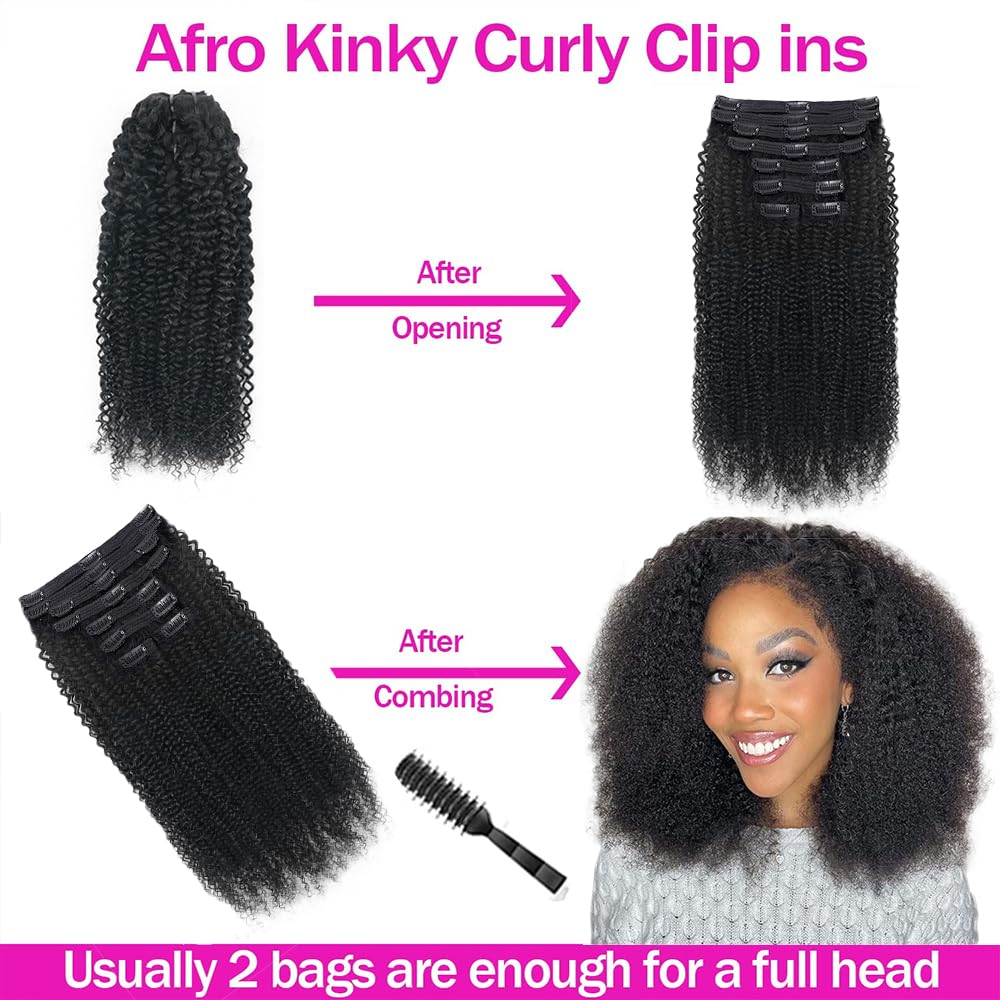 Onimehair™Extension Full Head For Black Women Burmese Curly Clip in Hair Extensions Real Human Hair Messy Curly Clip Ins for Women Brazilian Remy Human Hair Natural Black 12Inch