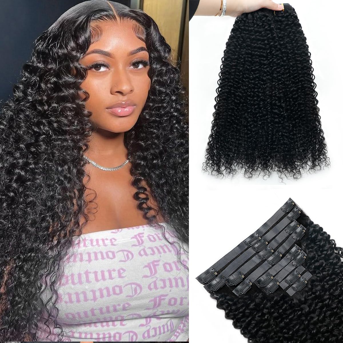 Onimehair™Curly Clip in Hair Extensions for Black Women Brazilian Virgin Human Hair Clip in Extensions 7Pcs Kinky Curly Clip ins Human Hair with 17Clips Double Lace Weft 120g 20nch Natural Black
